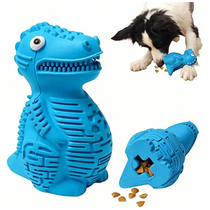 WOOZAPET Blue Dinosaur Slow Feeder Topple Dog Treat Dispensing Toy